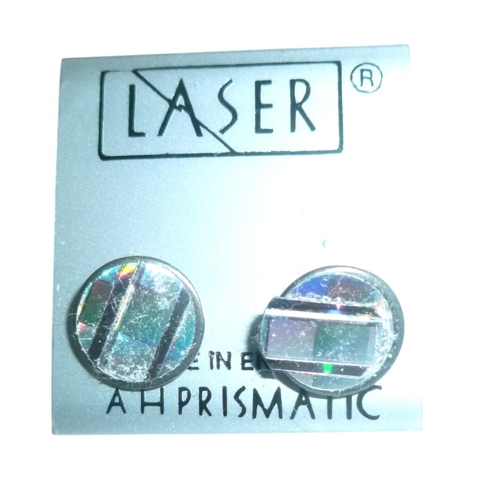 Laser A H Prismatic Vintage Holographic Round Stud Earrings Made in England 80s